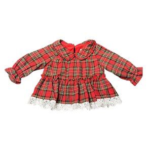 VTG Rare Editions Baby Girls 3-6M Red Tartan Plaid Top Ruffle Lace Trim Collared